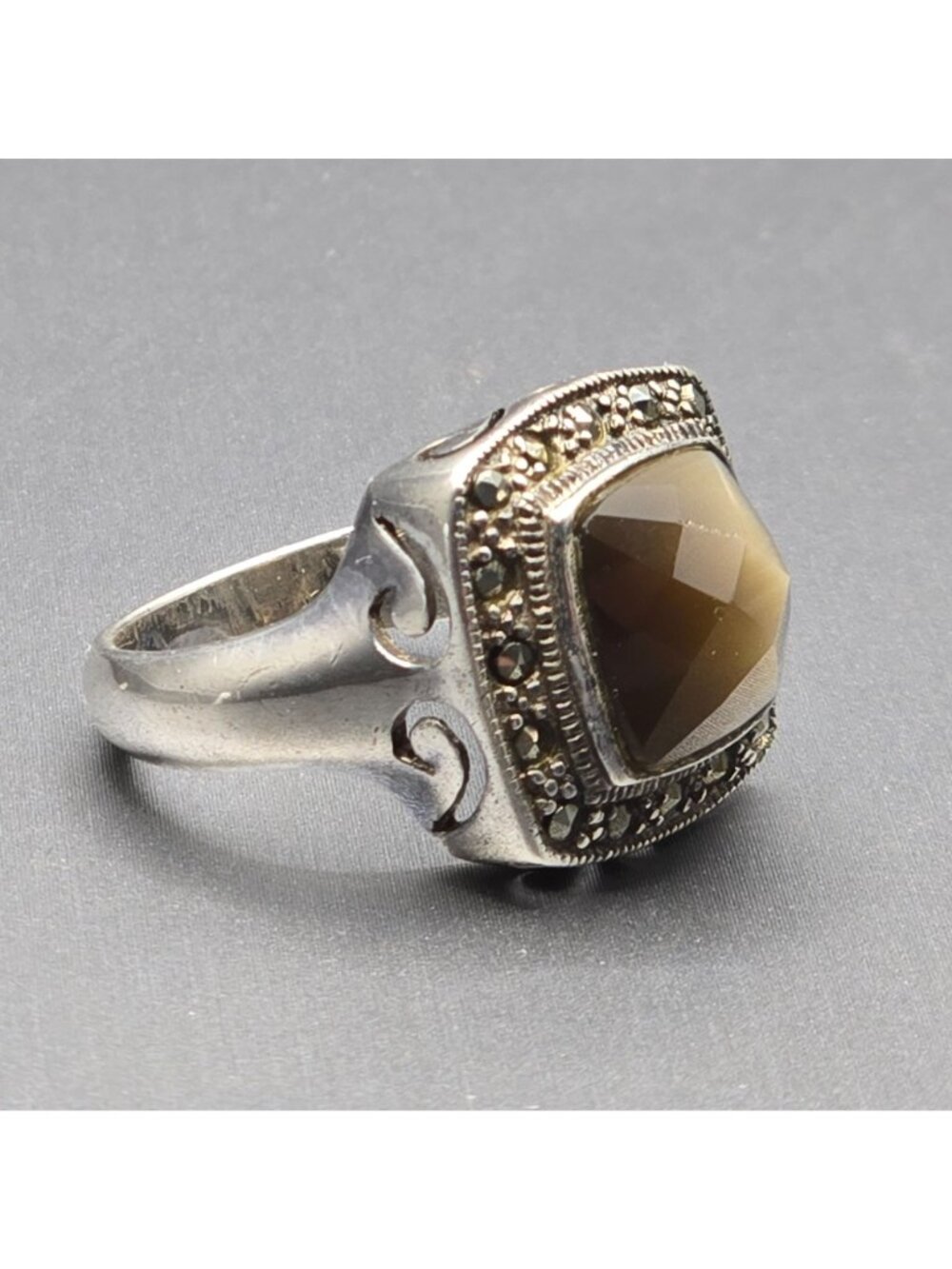 Vintage Sterling Silver Smokey Quartz Marcasite Ring Size 7 Art Deco Dome Cutout - Picture 8 of 15